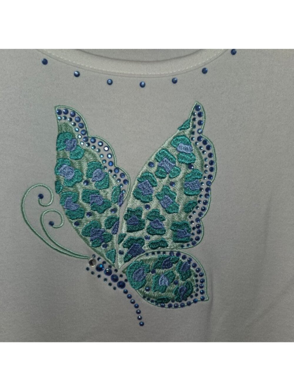 Quacker Factory Womens S White 3/4 Sleeve Top Blue Butterfly Embellishment 4416 - Picture 4 of 6